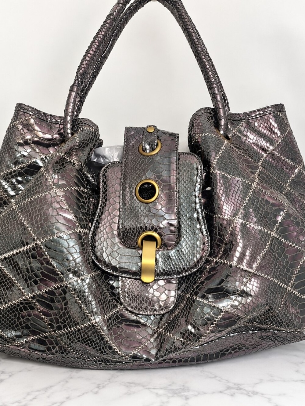 Large Pewter Metallic Hobo Shoulder Bag Snakeskin Print